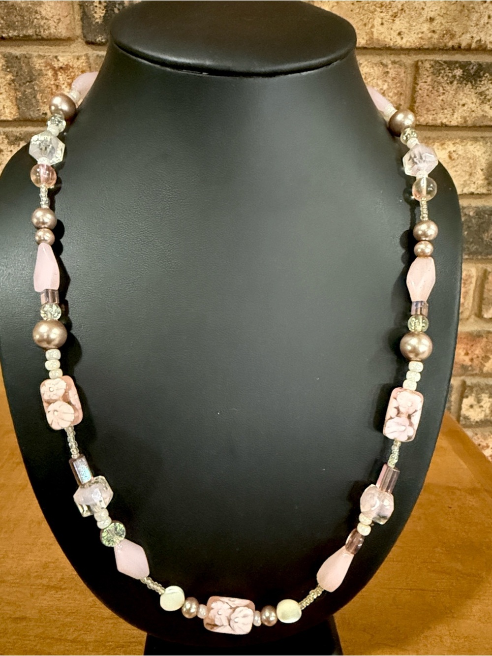 Vintage pink glass floral beads, mother of pearl discs & faux pearls necklace